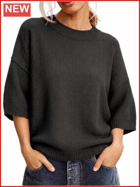 Womens Oversized Short Sleeve Knit Pullover Sweater Crew Neck